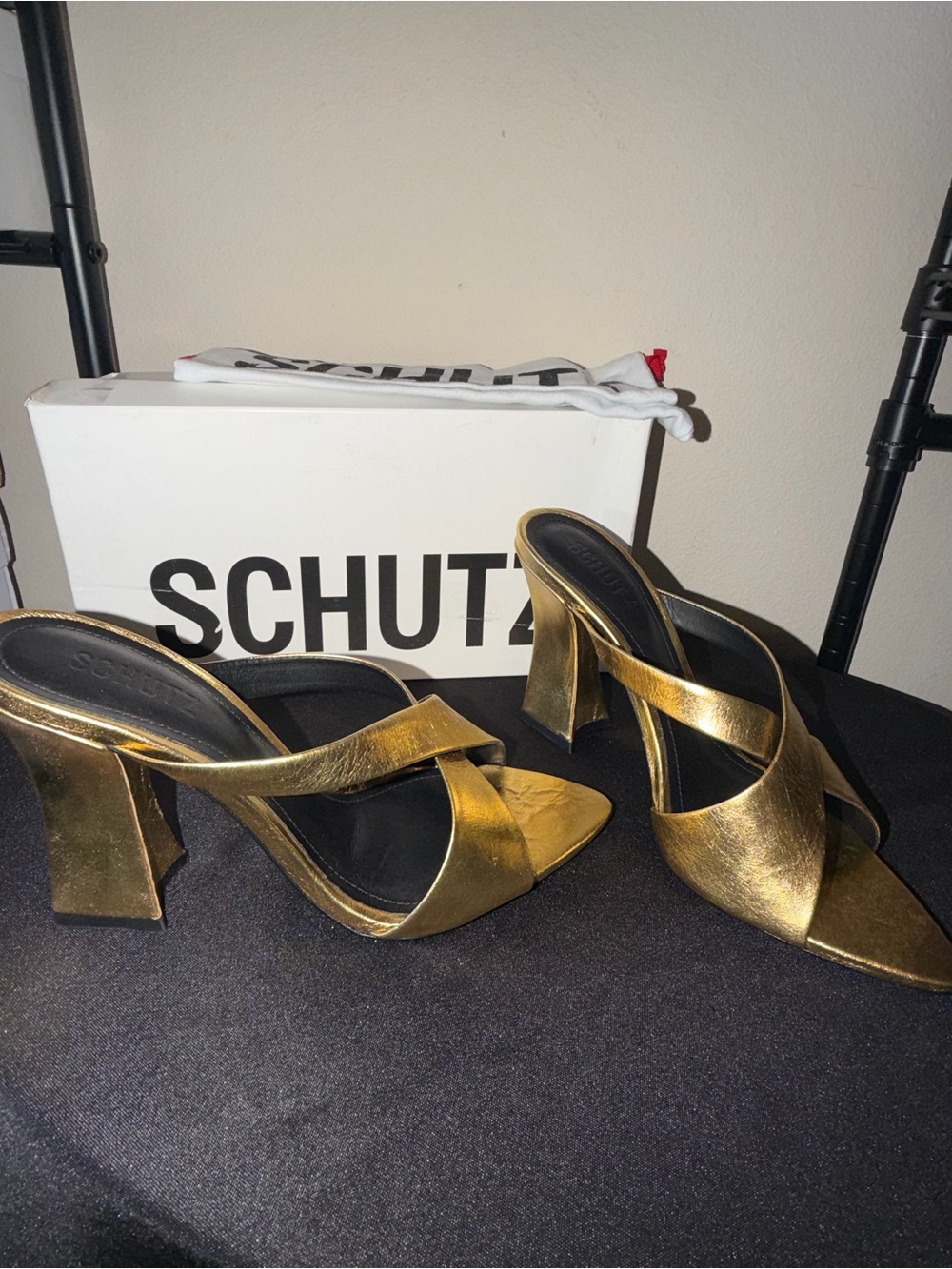 Schutz “Brushed” Gold Metallic Cross-Strap High Heel Sandals